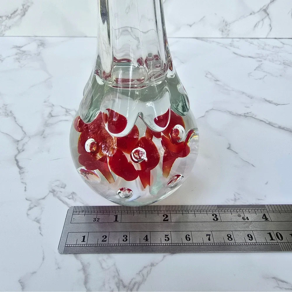 Vintage Paperweight Base Bud Vase  Art Glass Red White Flower Ruffled Rim 7.5 in